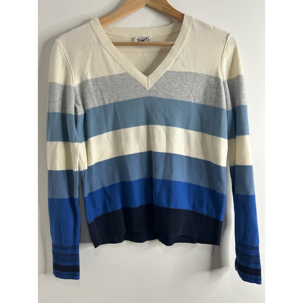 SONIA RYKIEL Striped V Neck Sweater Womens Medium Blue Cream Gray Preppy Classic